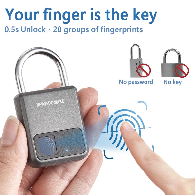 Newisdomake Fingerprint Padlock, Smart Padlock with USB Charging Support, Fingerprint Lock, Biometric Lock Suitable for Luggage, Bookcase, Suitcase, Backpack, Bike, School Locker, Gym Locker Lock(Gray) - Image 2